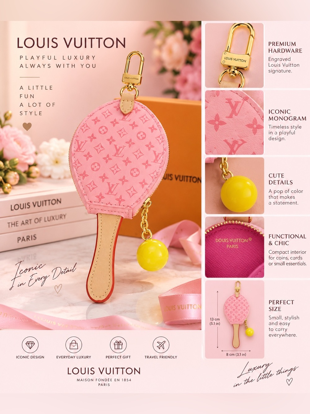 Pink Monogram Paddle Key Pouch with Yellow Charm